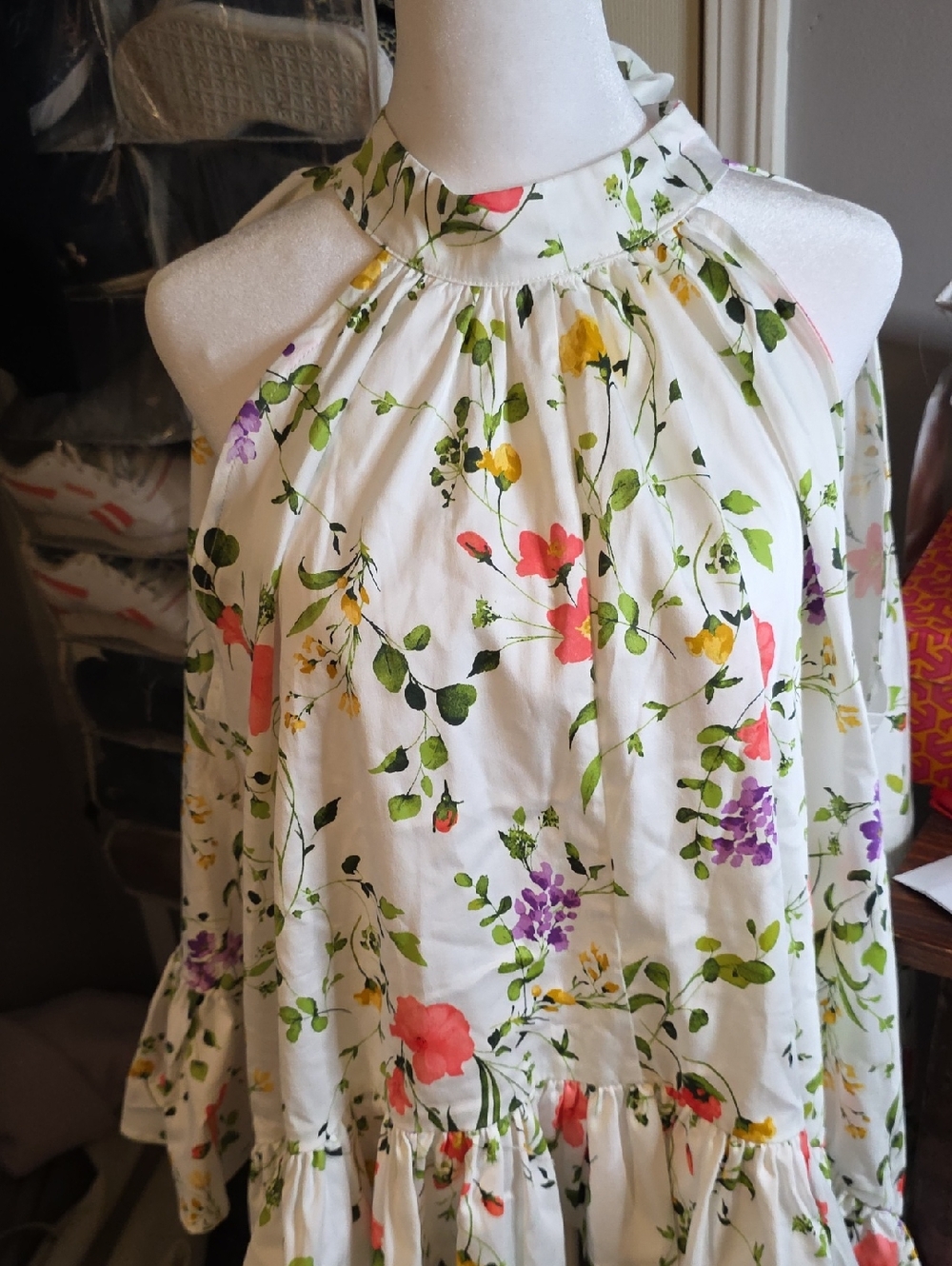 Cato White Floral Halter Blouse with Pink, Purple & Yellow Flowers
